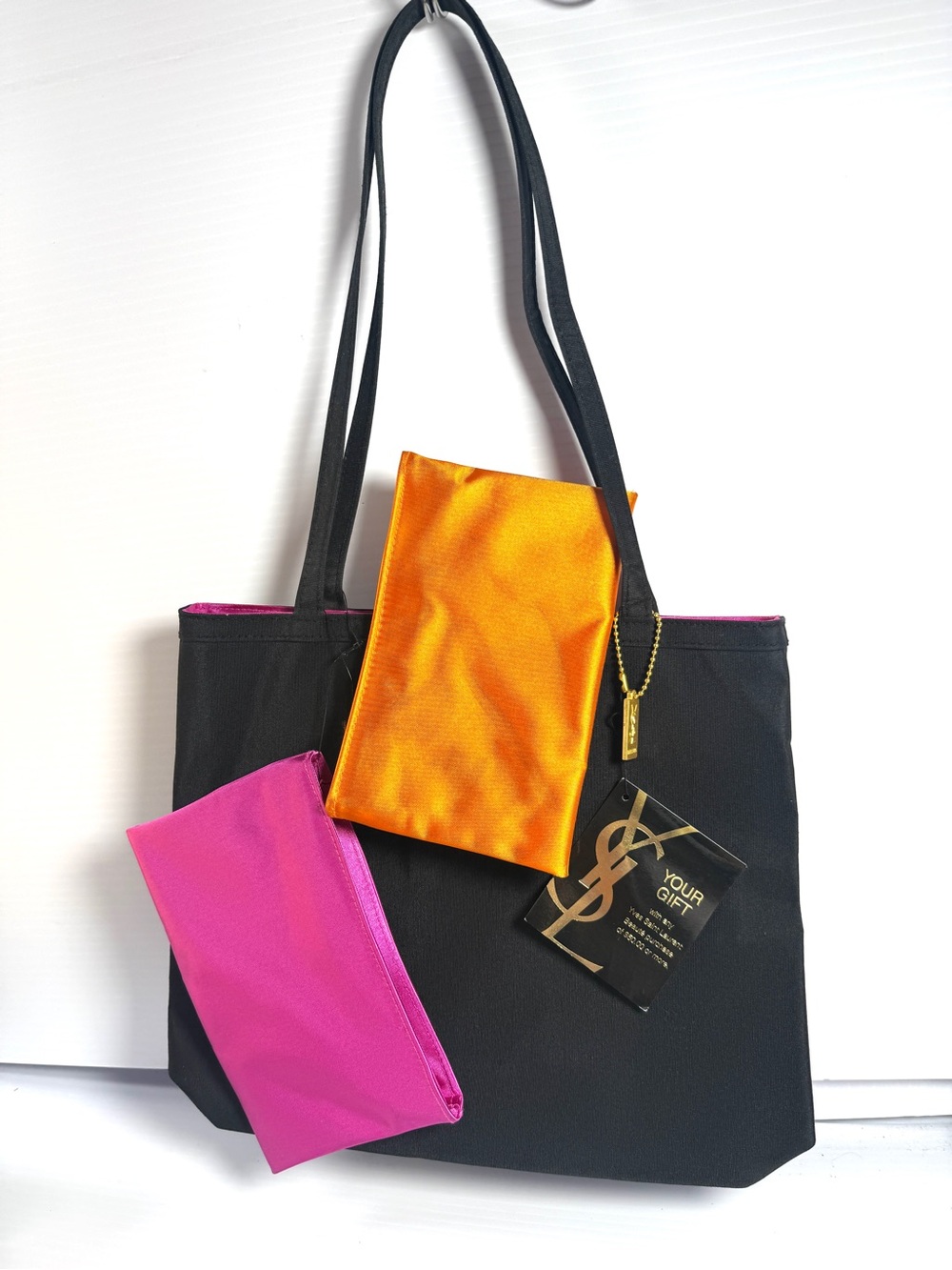 Yves Saint Laurent Black Tote with Pink and Orange Pouches